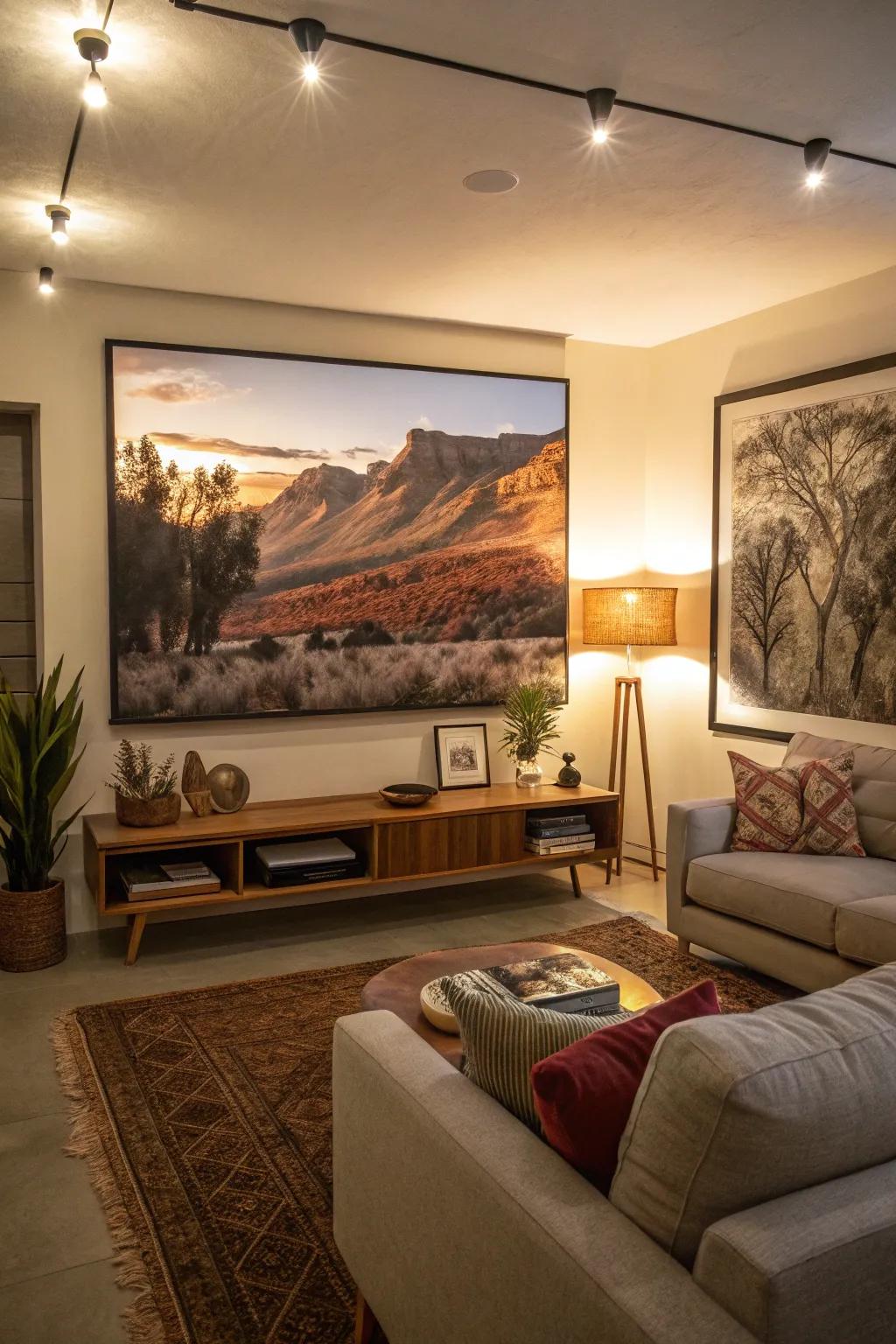 Large art anchors and expands the space.