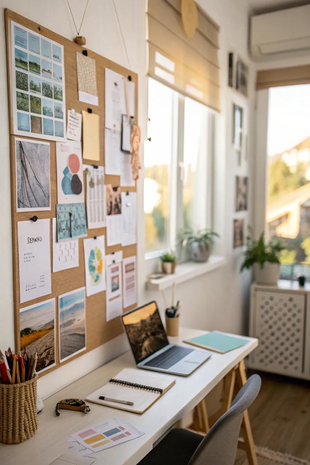 An inspiring visual mood board in a small office setting.