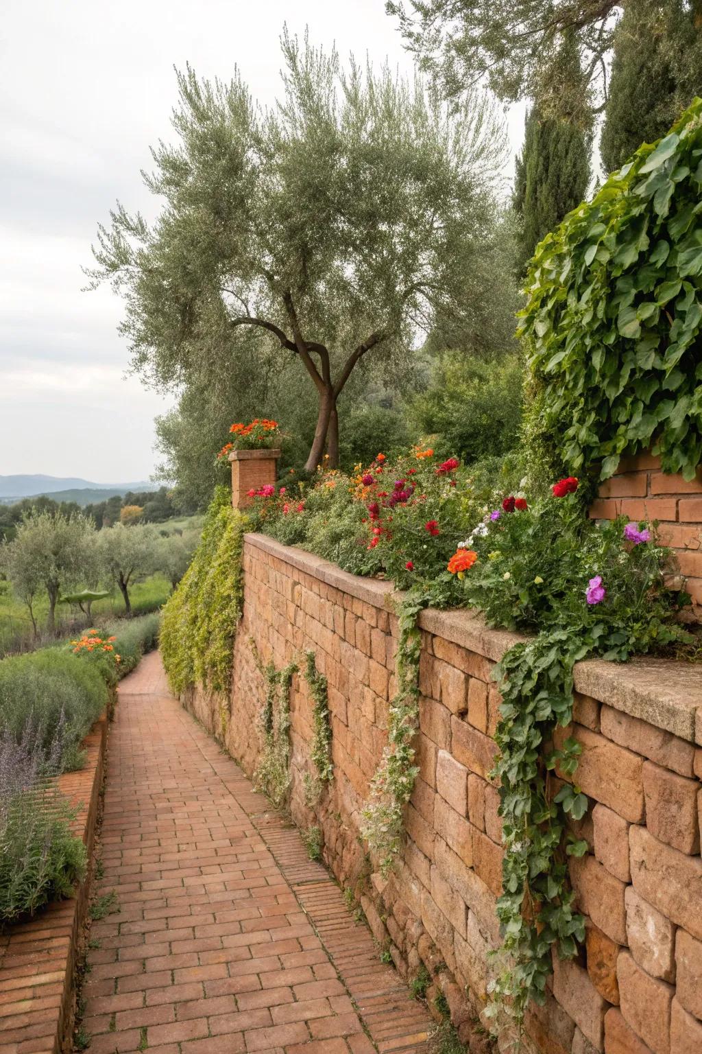 Terracotta bricks bring a warm, Mediterranean feel to retaining walls.