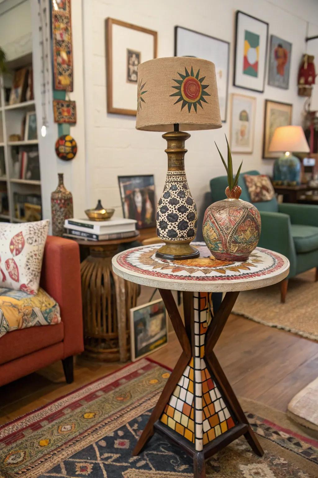 Uncommon objects create intrigue on a side table.