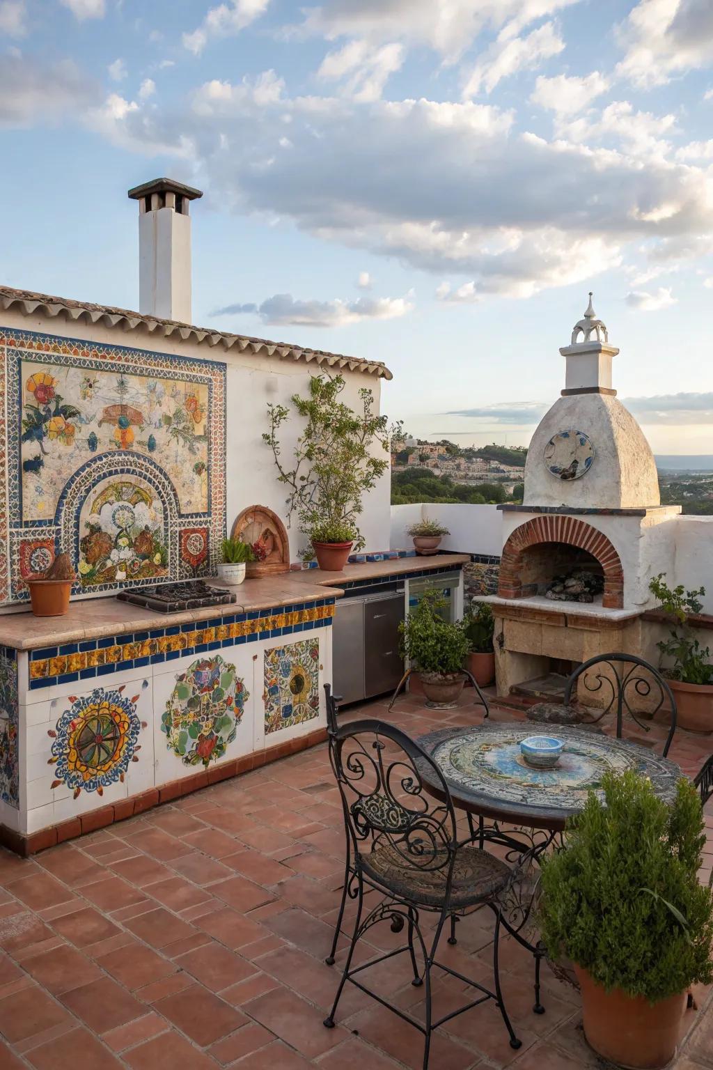 Beautiful mosaic art adds a colorful and personal touch to this outdoor kitchen.