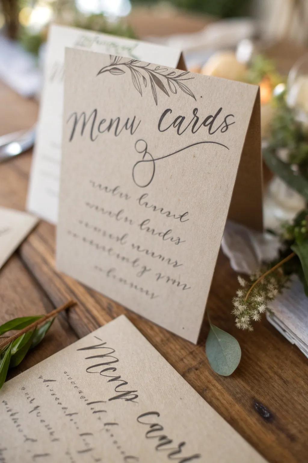 Handwritten menu cards provide a personal and elegant touch.