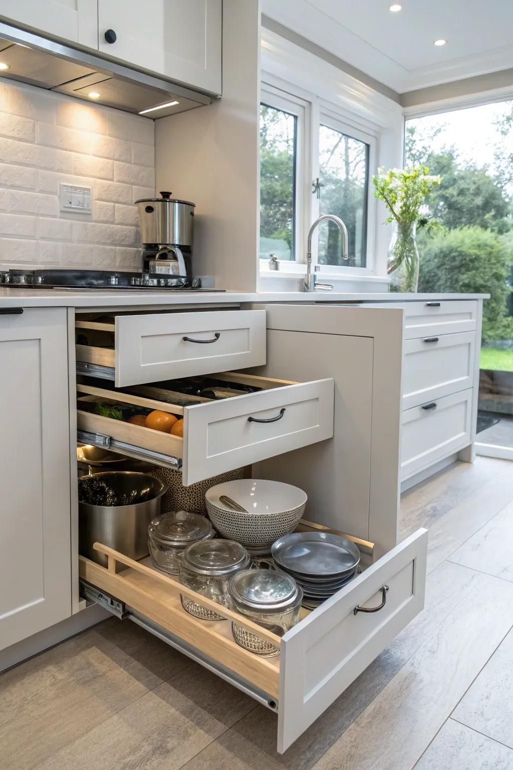 Smart storage solutions optimize space and accessibility in high cabinets.