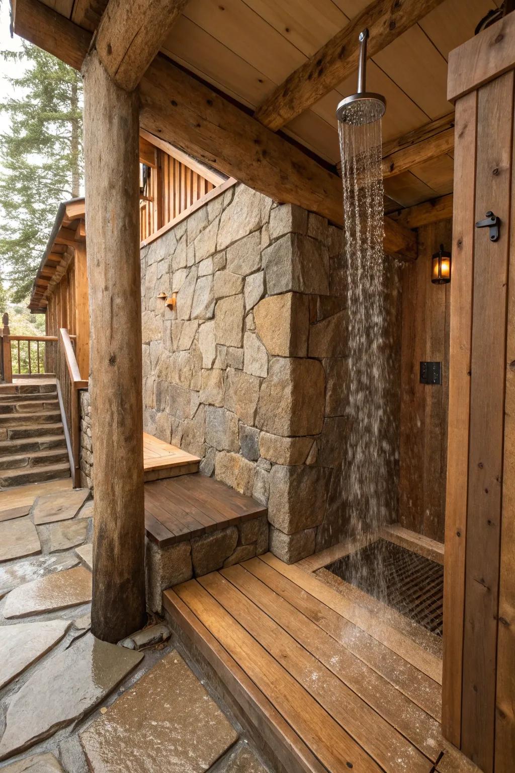 Step-down shower with rustic wood and stone elements for a cozy retreat.