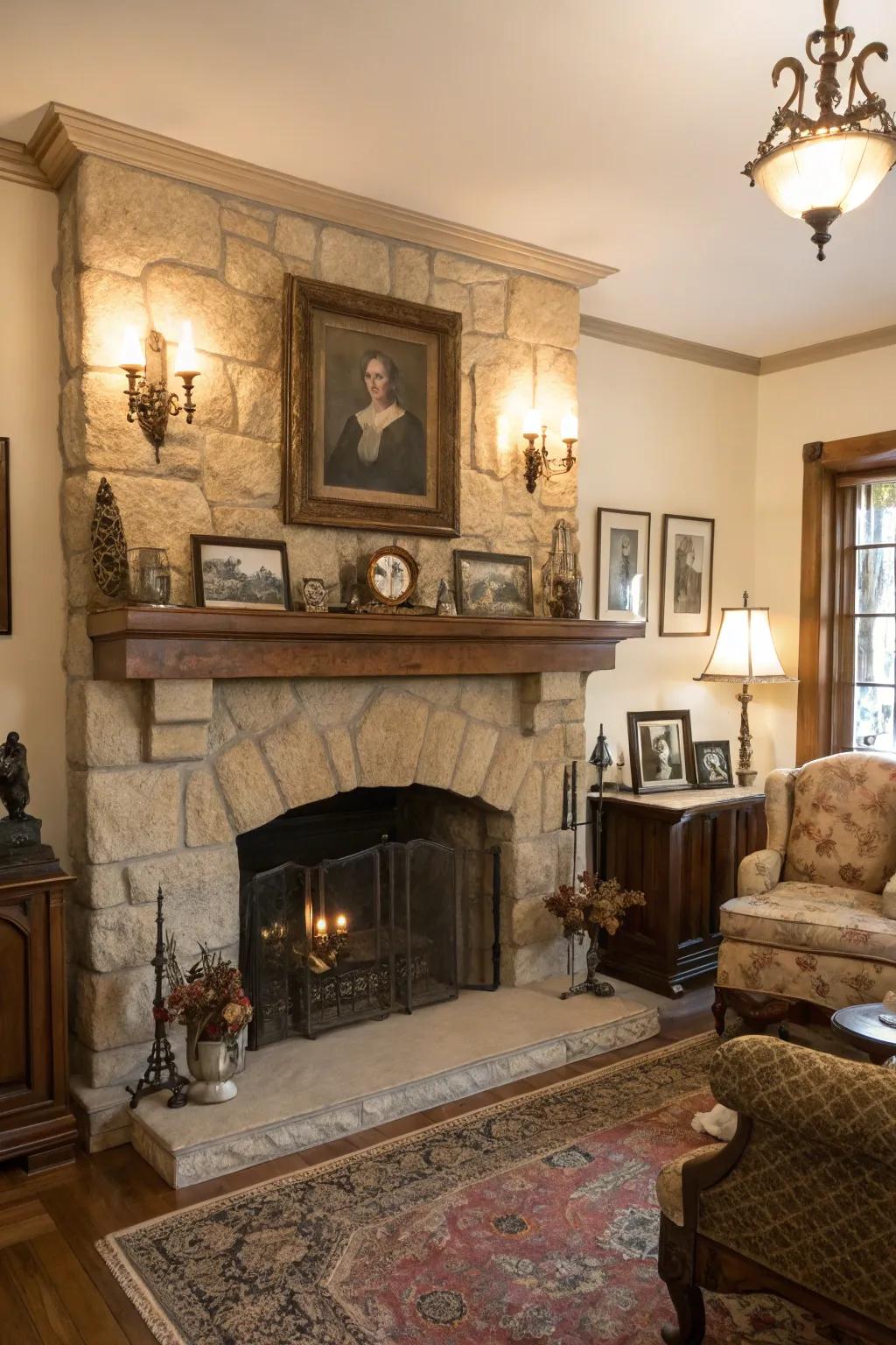 A vintage-style space with a stone fireplace and antique decor adding charm.