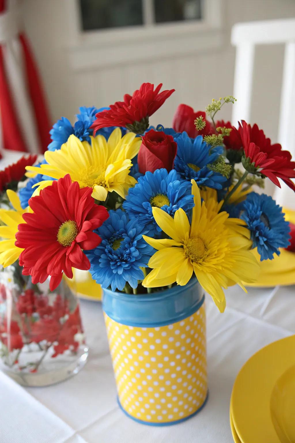 A bold centerpiece featuring a pop of primary-colored blooms.