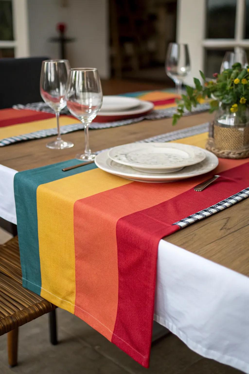 Color block table runner for a dynamic and energetic dining atmosphere.