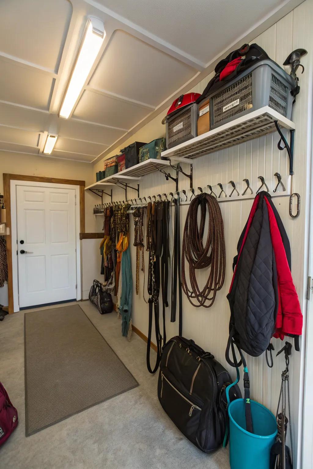 Vertical space maximized in a tack room for additional storage.