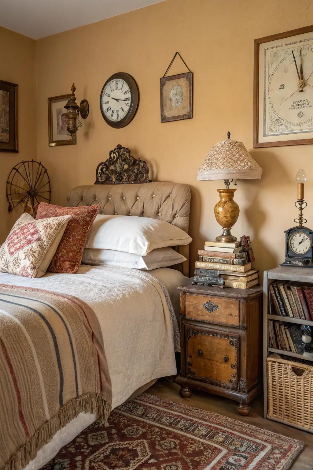 Vintage pieces add character and charm to the tan bedroom.