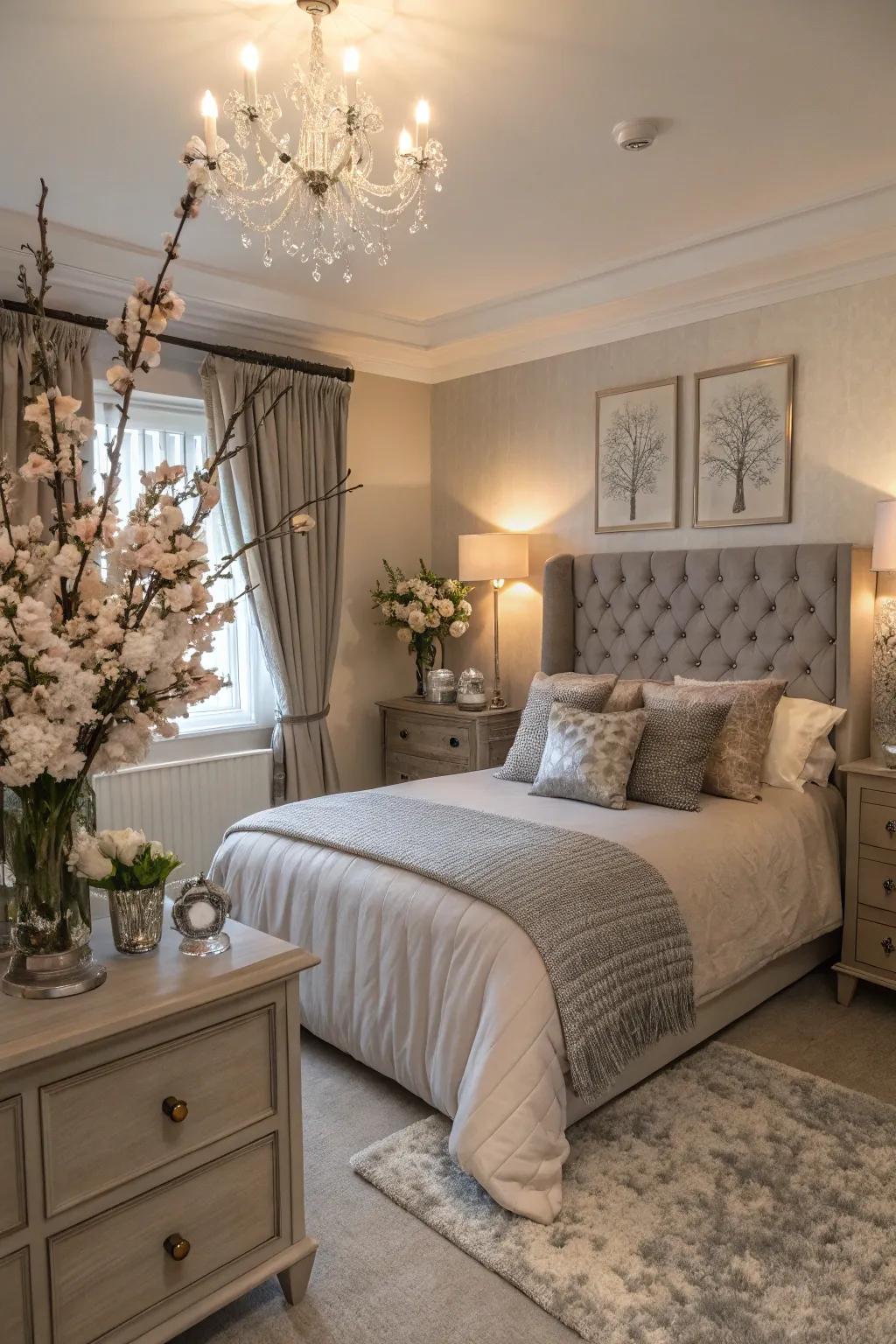 A taupe and grey floral arrangement adding a natural touch.