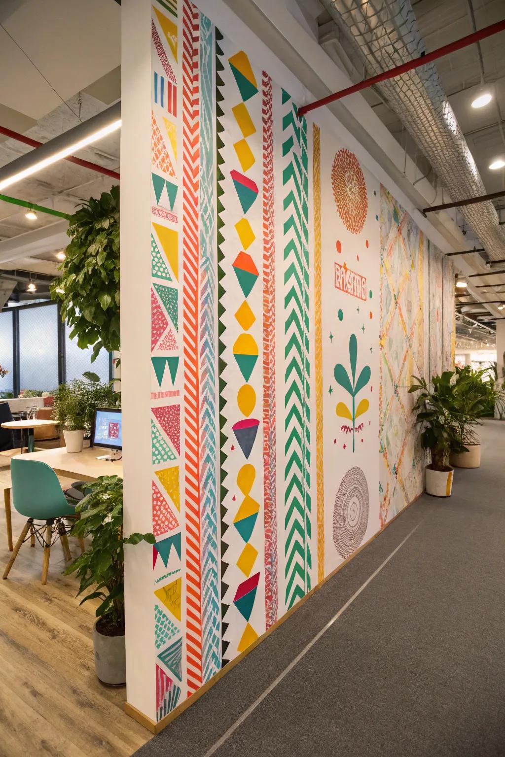 Washi tape adds vibrant patterns to a temporary wall, enhancing creativity.