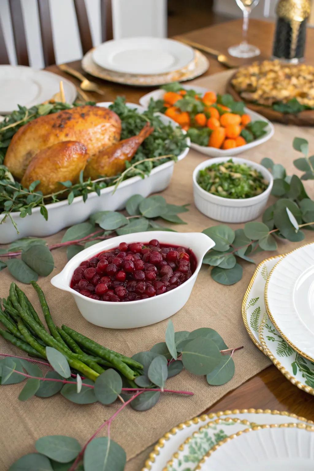 Greenery adds a fresh and vibrant touch to the table.