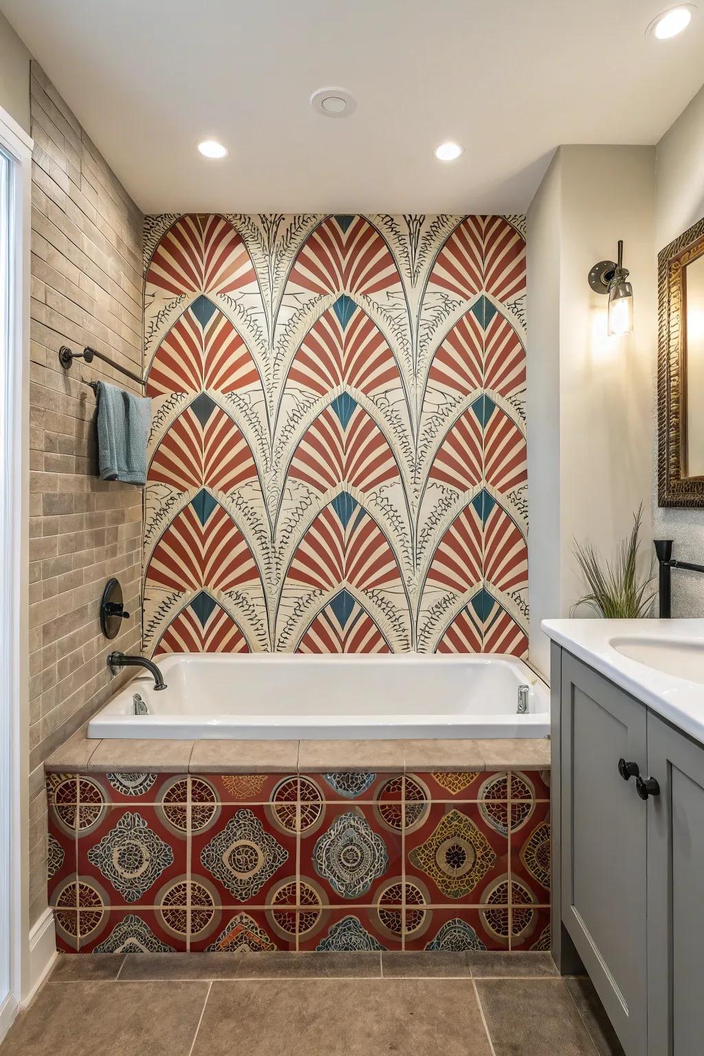 Patterned accent walls create a visually striking focal point in your bathroom.