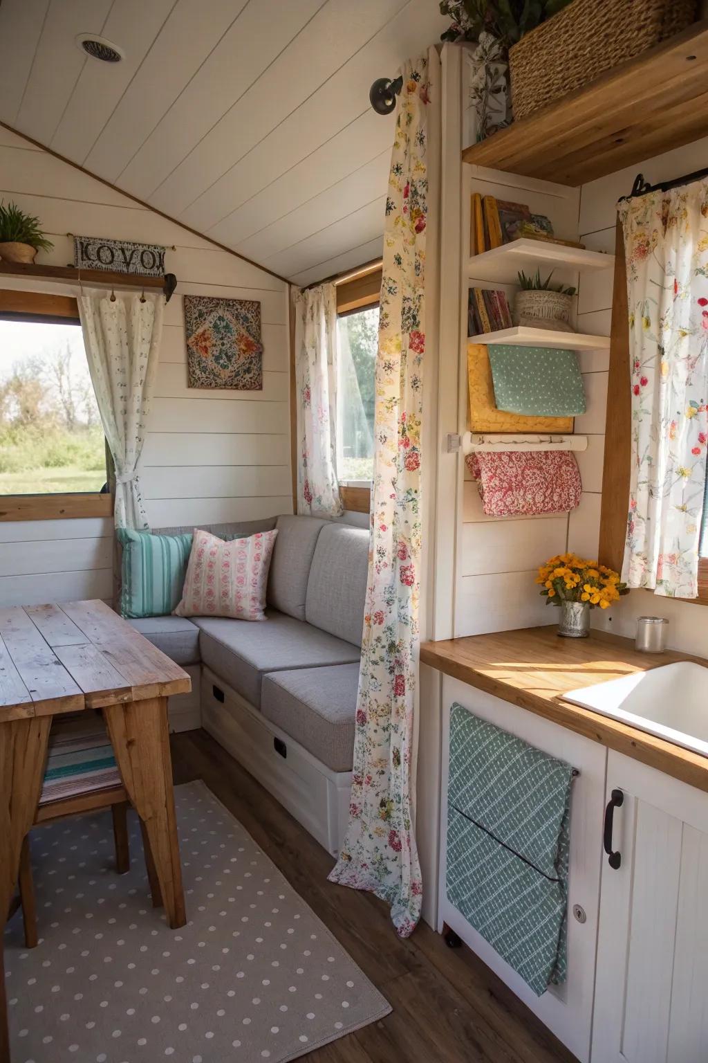 Fabric panels conceal clutter and add style to this tiny house.