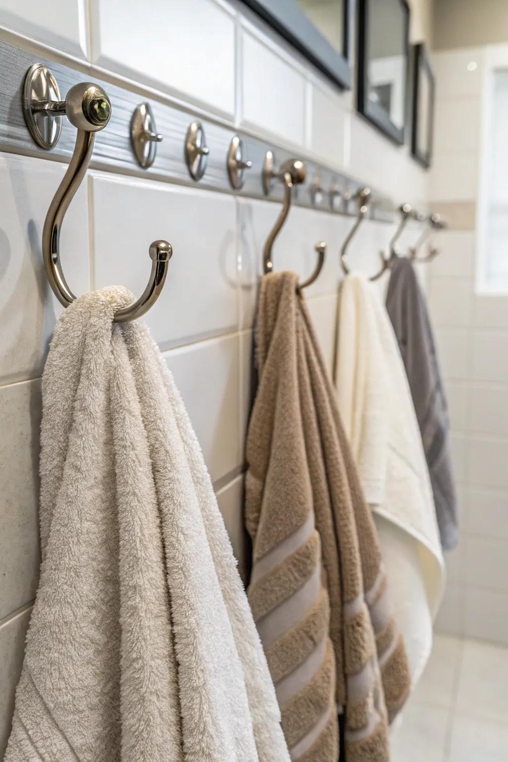 Wall hooks provide easy access to towels.