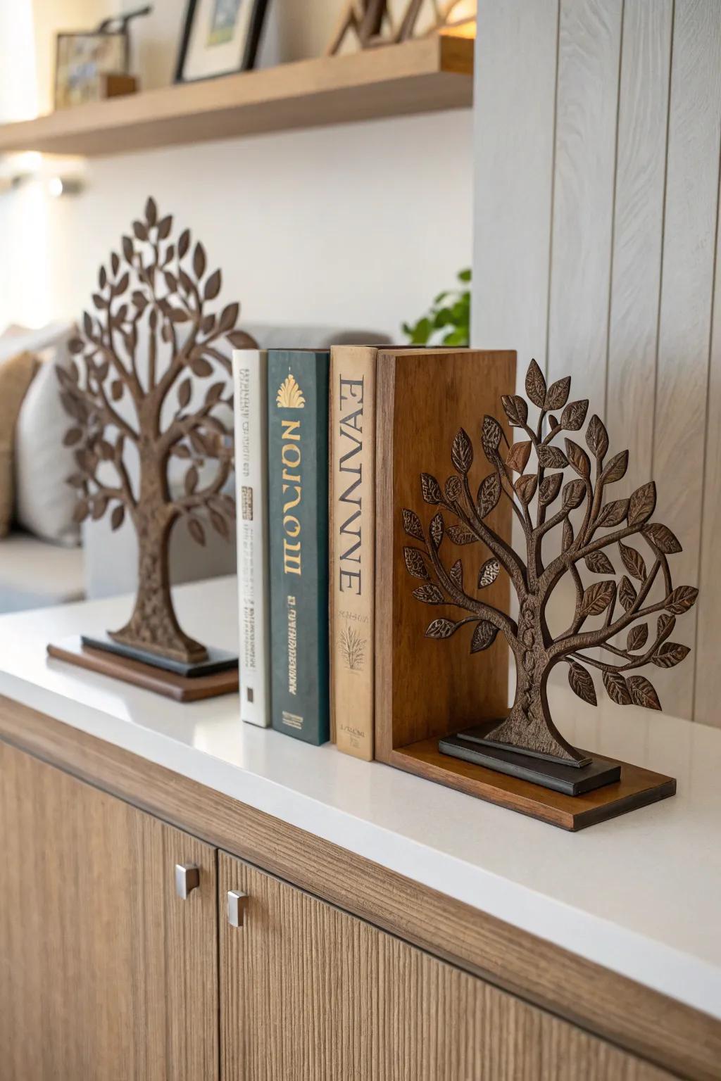 Tree of Life bookends add a unique touch to a stylish bookshelf.