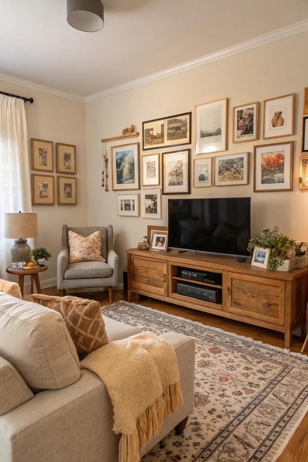 Soft textiles create a cozy TV gallery wall nook.