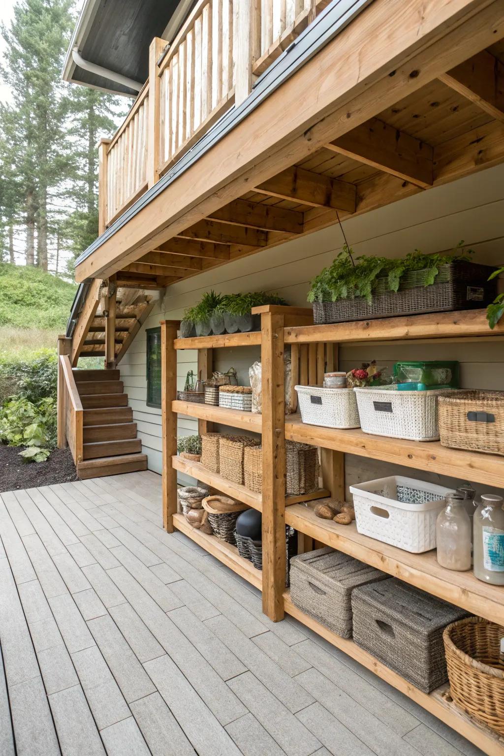 Eco-friendly solutions add character and warmth to under deck storage.