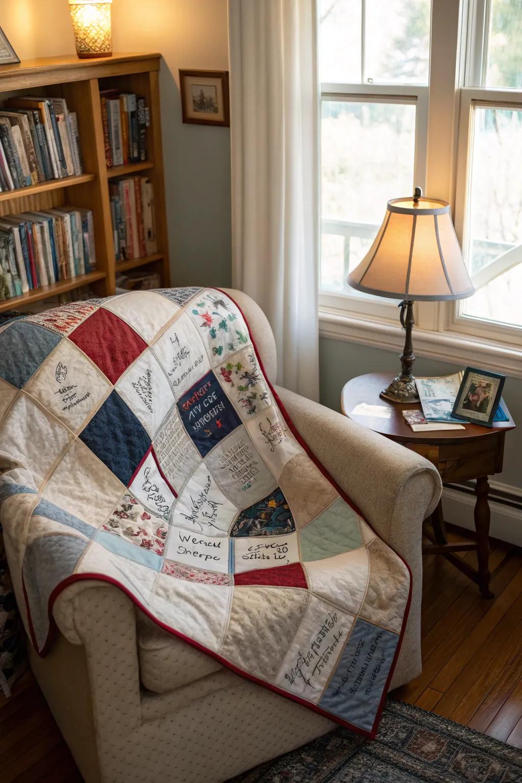 Guests sign fabric squares to create a cherished quilt.