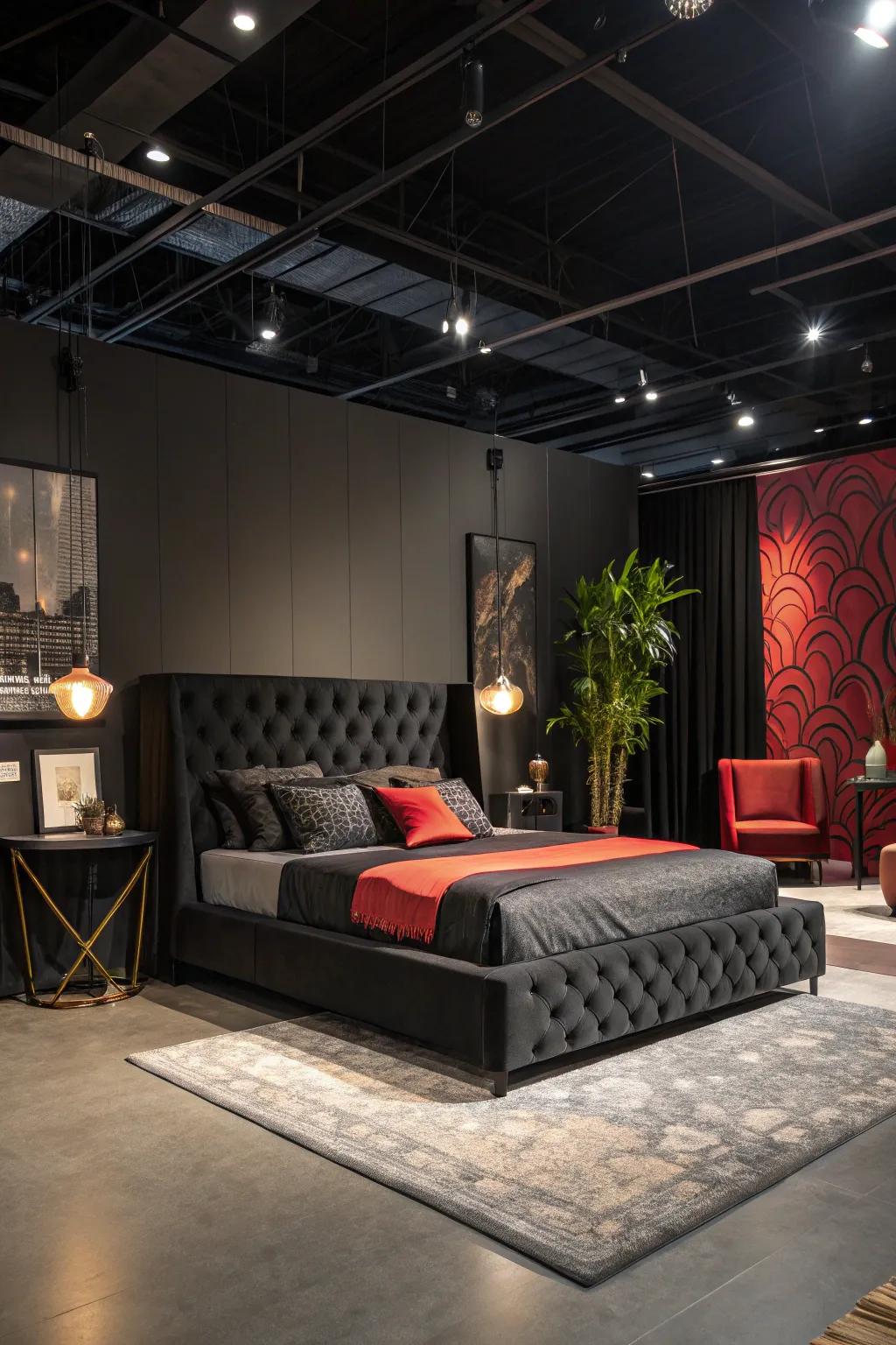 A black upholstered bed brings bold sophistication to this room.