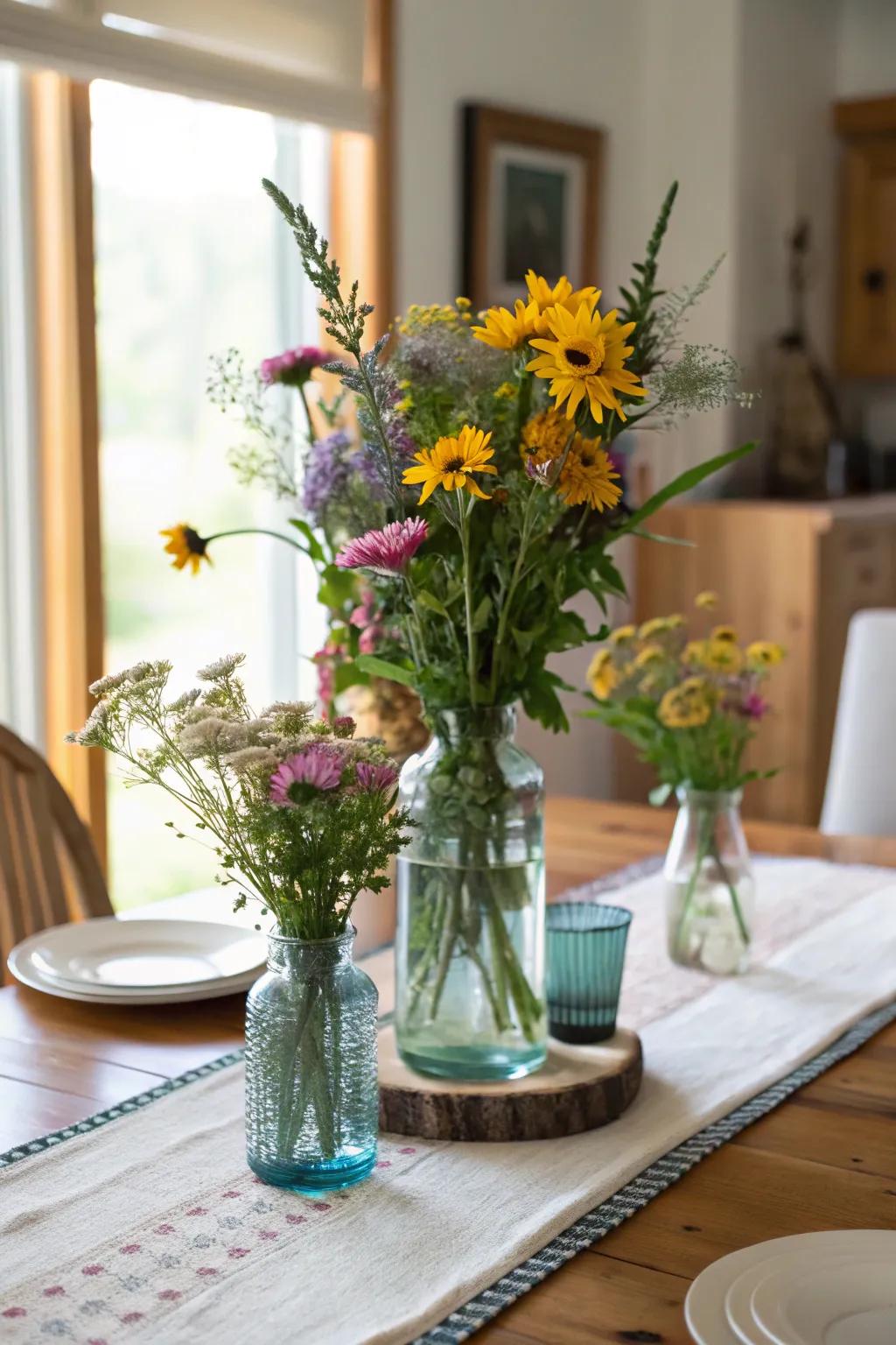 Recycled glass and wildflowers for eco-friendly charm.