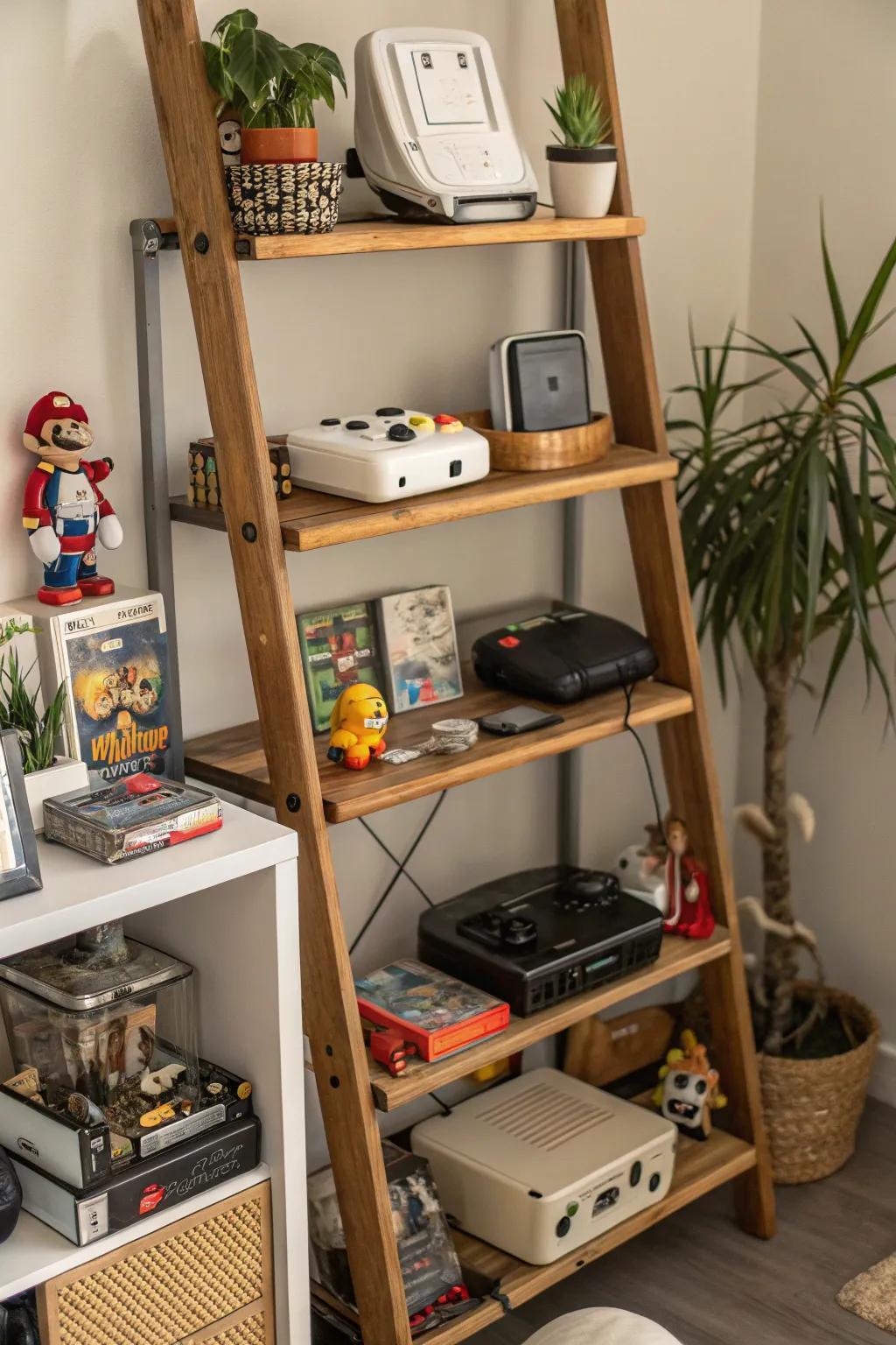 A ladder shelf offering a stylish display for video games and collectibles.