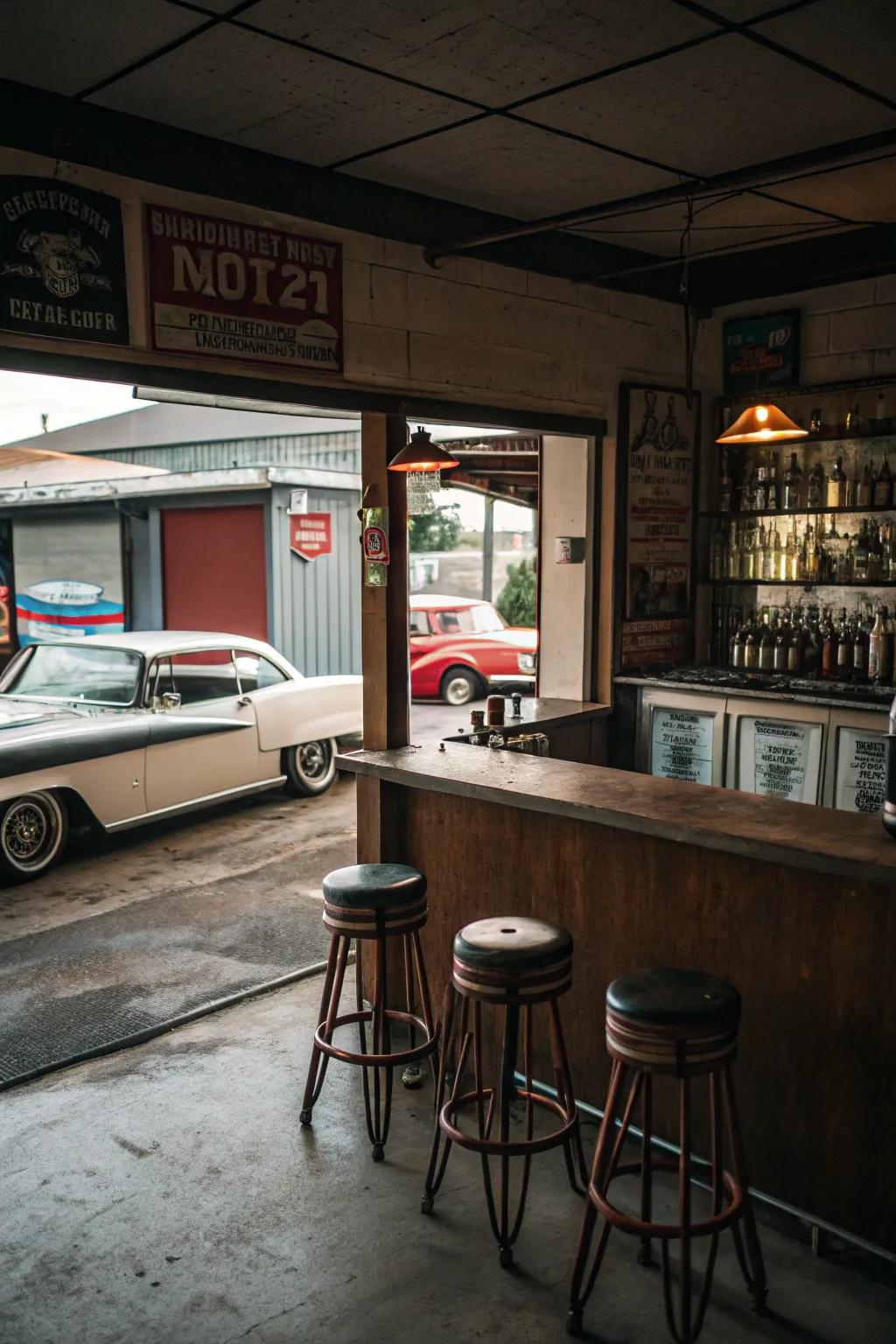 A retro bar area makes the garage a perfect social spot.