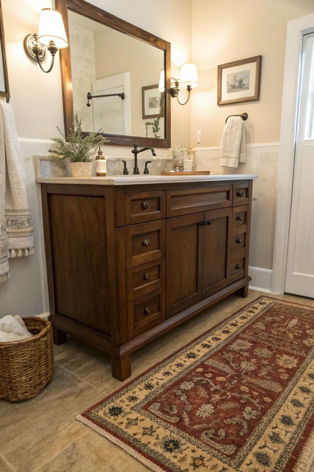 Introduce warmth and character with a vintage rug in your bathroom.