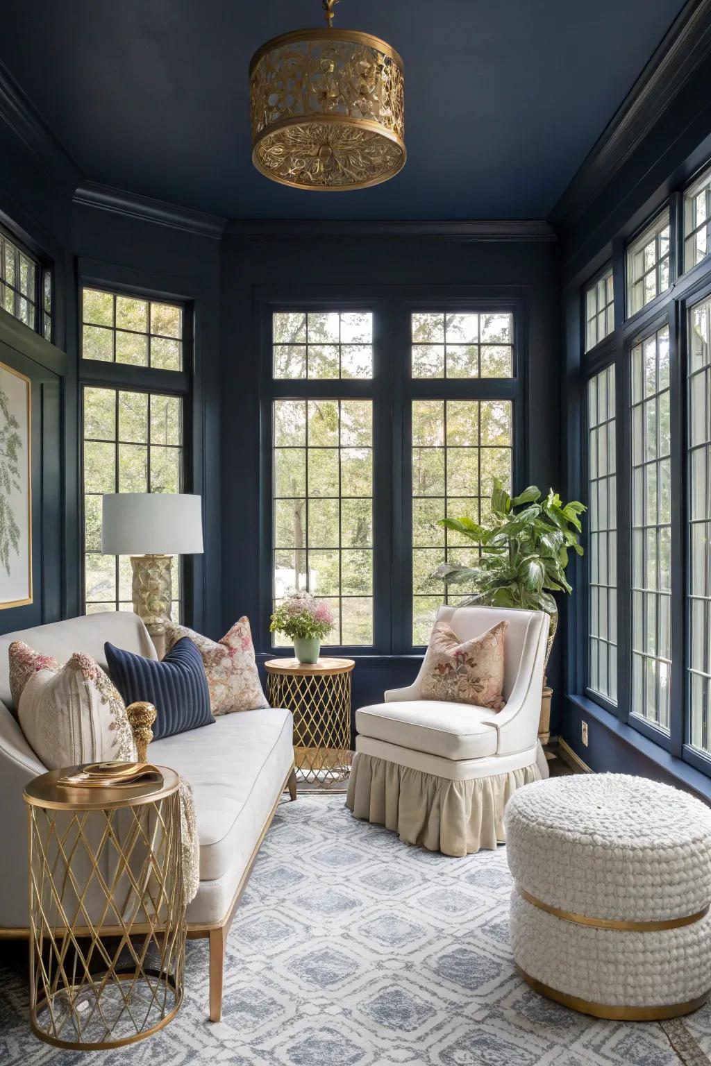 Sunroom with classic navy walls, offering bold contrast and sophistication.