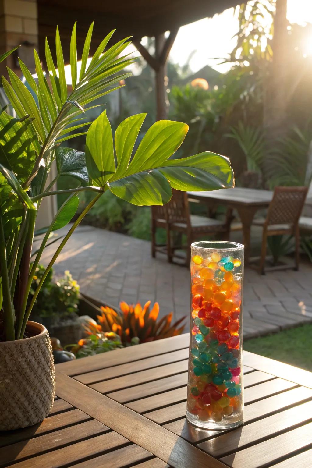 A tropical escape with vibrant water beads and lush leaves.