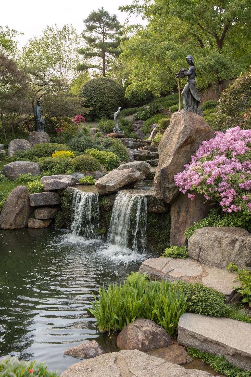 Blend art with nature through a sculpture waterfall.