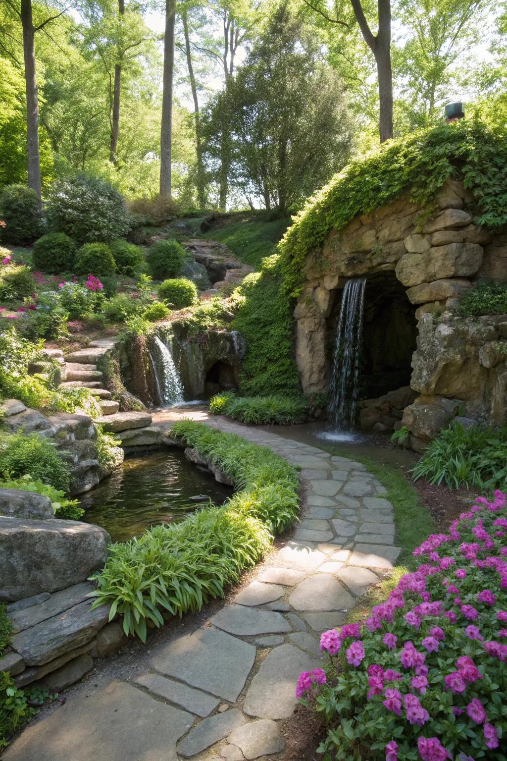 A magical garden grotto with a hidden stone waterfall.