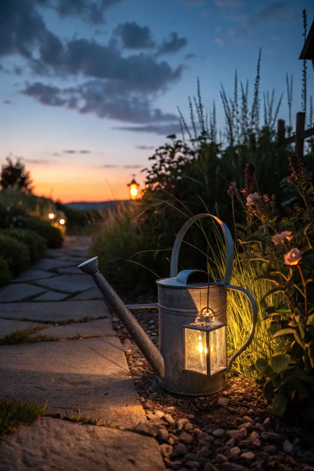 An outdoor lantern holder created from a watering can, lighting up the garden.