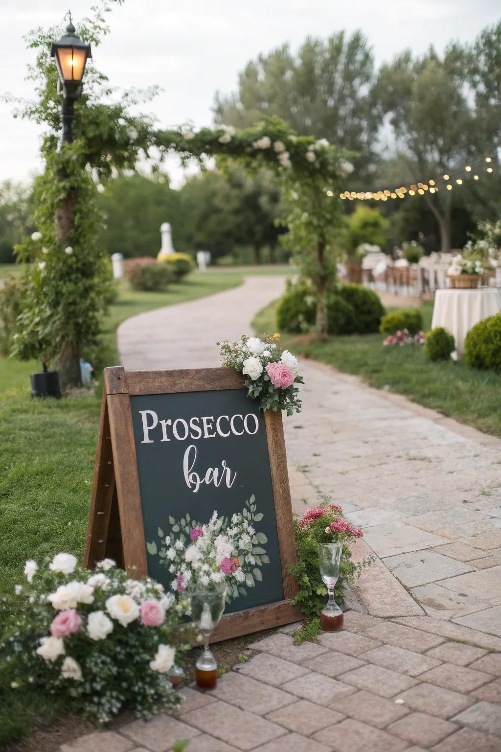 A garden pathway leading to a Prosecco station.