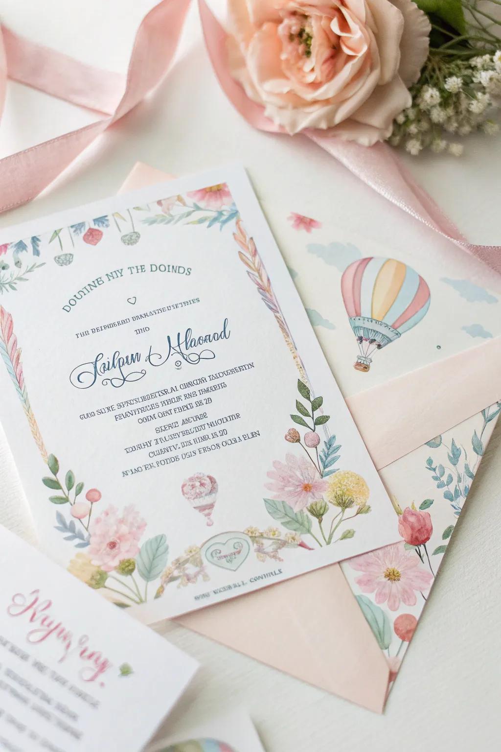 Dreamy wedding invitation adorned with whimsical watercolor art.