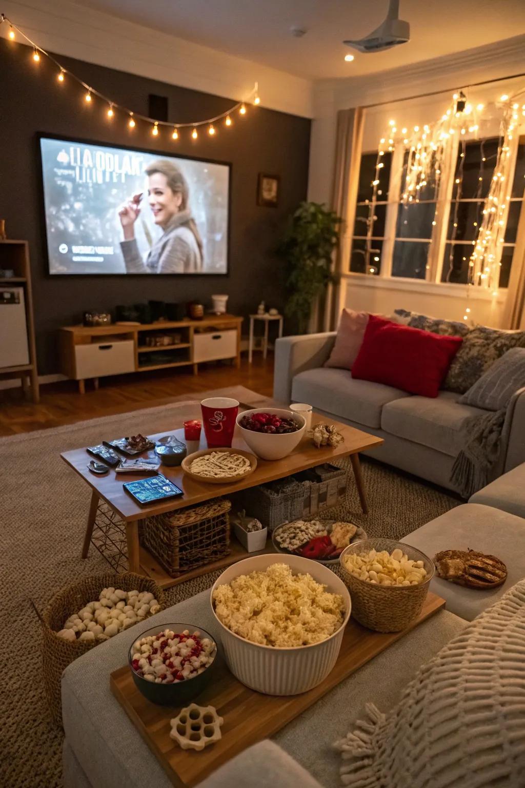 A cozy movie marathon setup with nostalgic vibes.