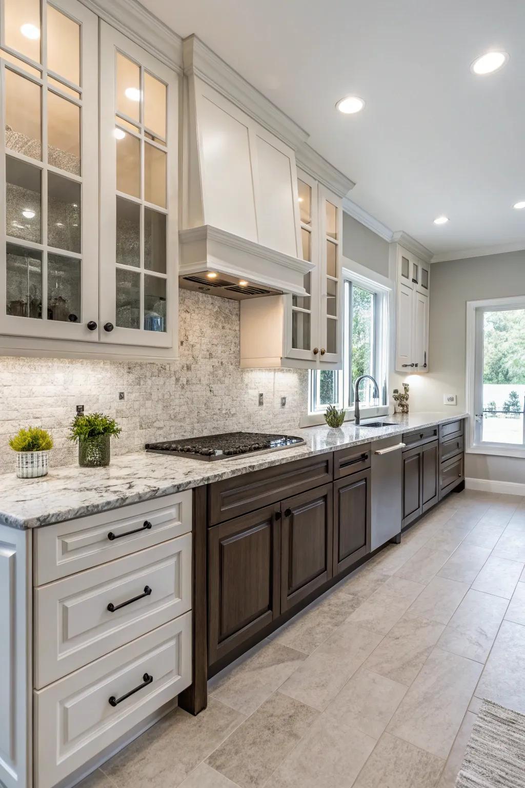 Dual-tone cabinets add depth to a kitchen with white ice granite.