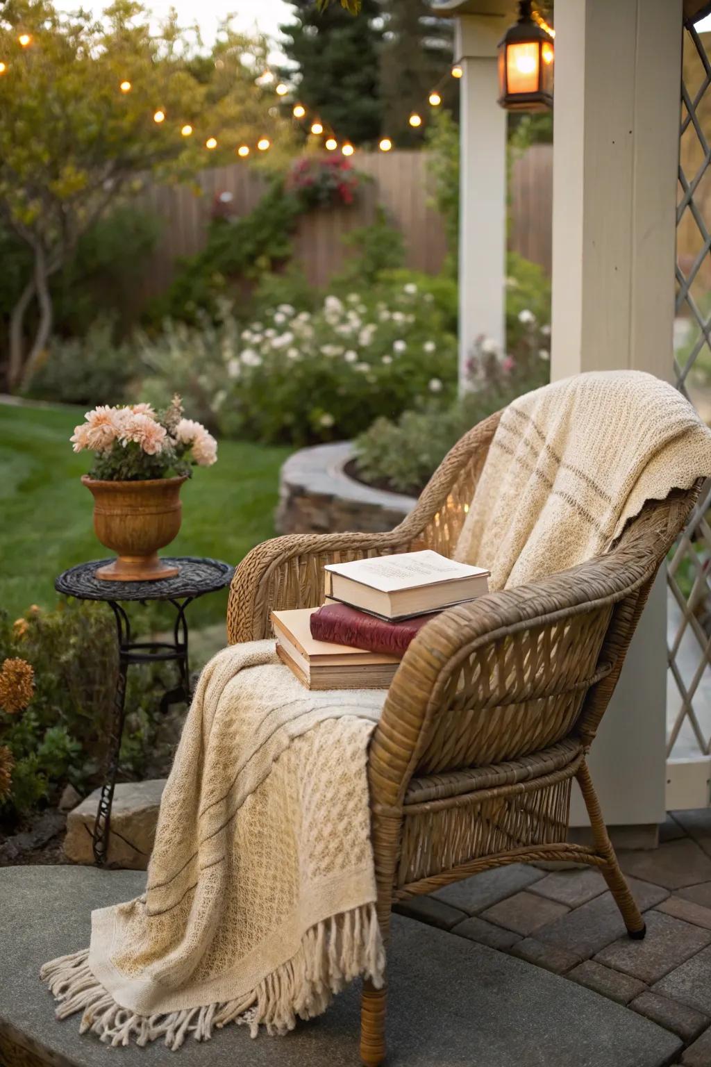 Creating a serene reading nook with wicker charm.