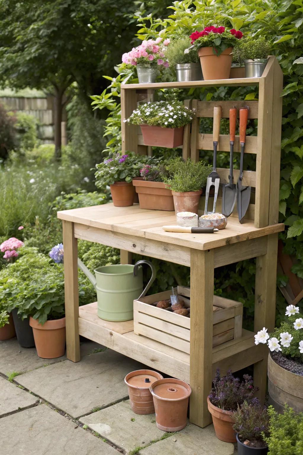 Stay organized with a practical wooden potting bench.