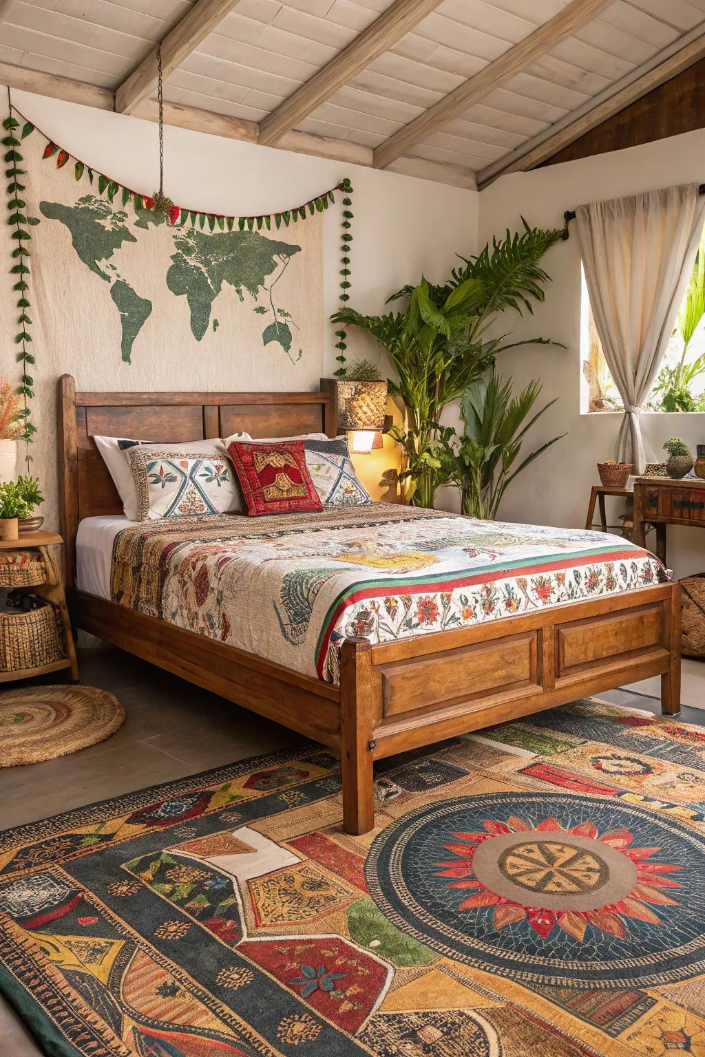 Global patterns infuse this wooden bed with exotic charm.