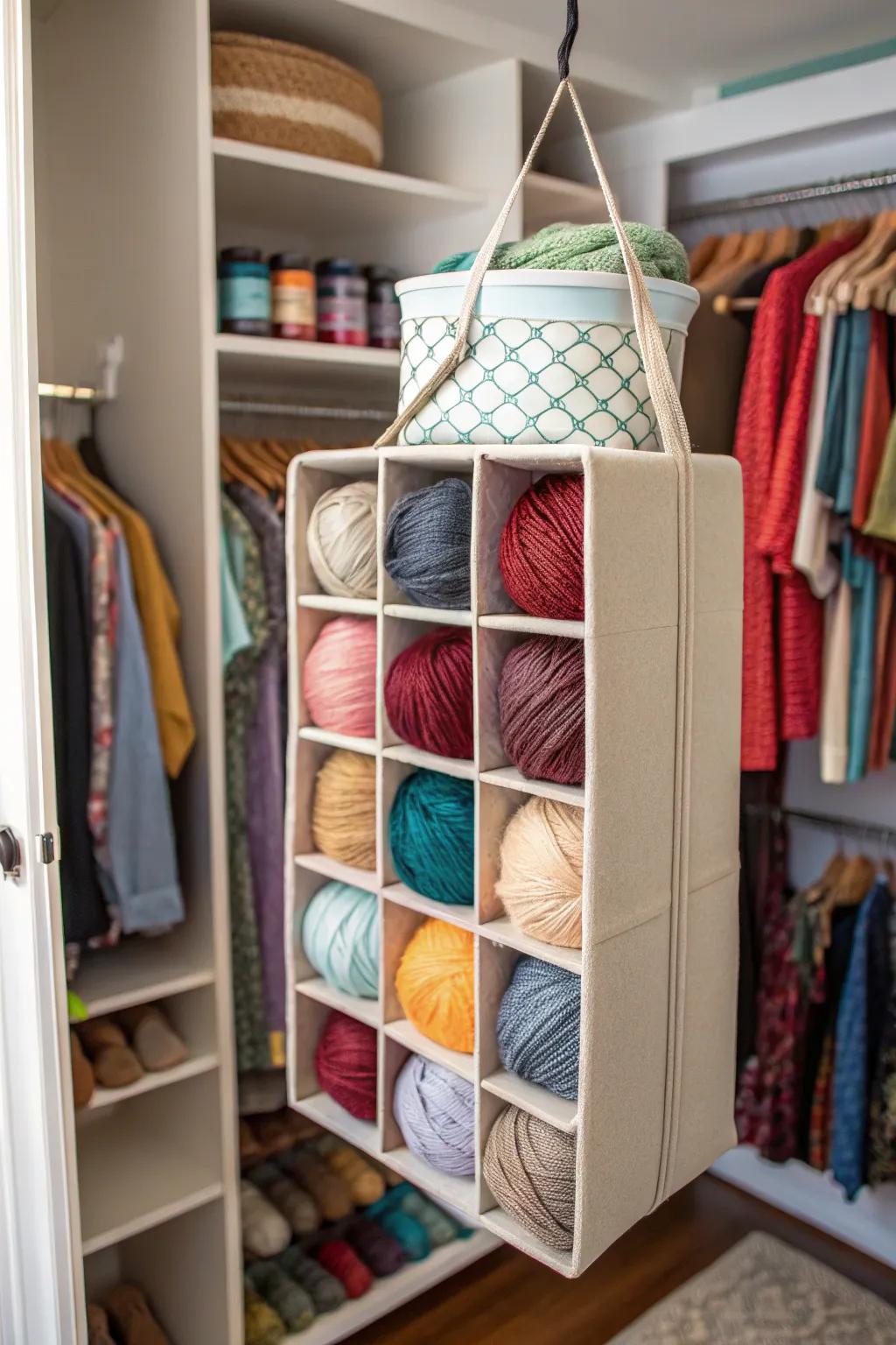 A closet hanging cubby stores yarn out of sight but within reach.