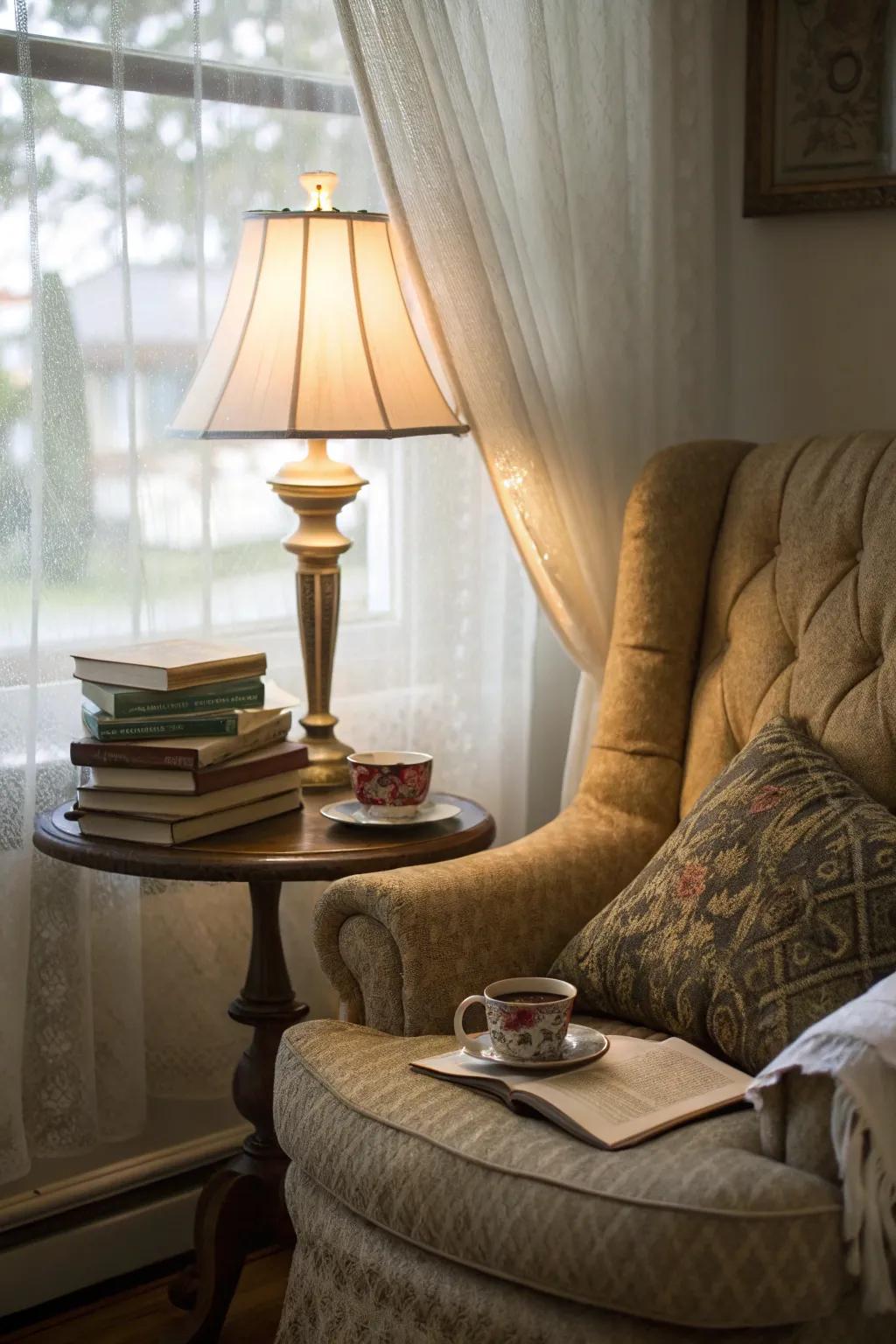 A reading nook providing a cozy spot for quiet reflection.