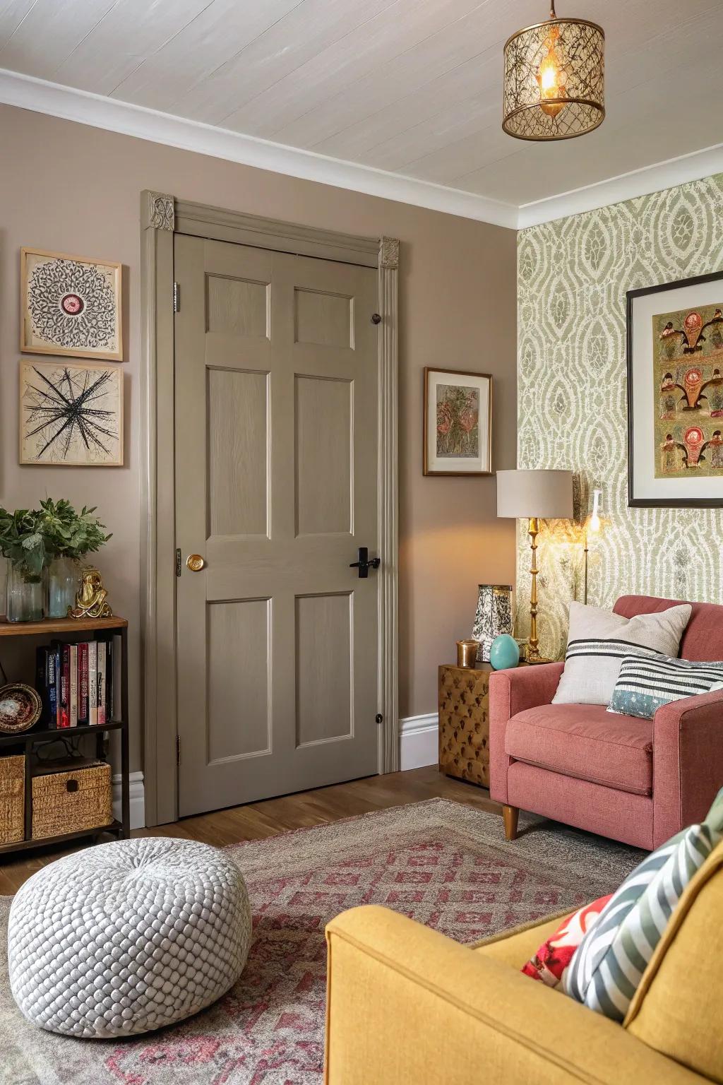 A taupe 6-panel door provides a neutral backdrop for this cozy living room.