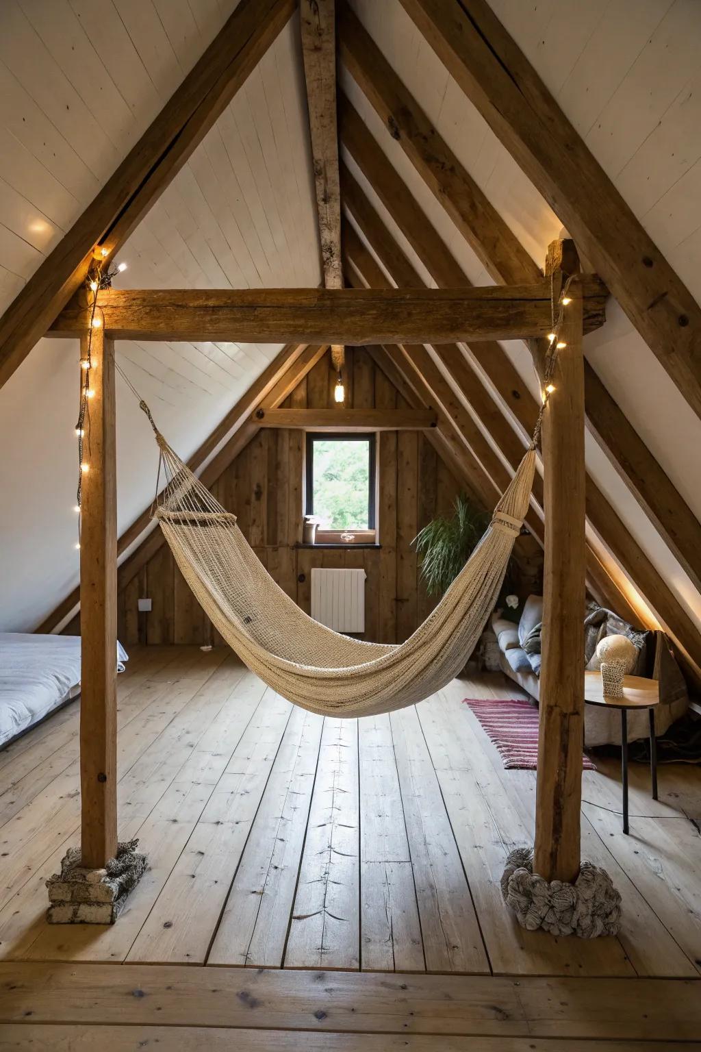 A hammock lounge creates a unique and playful relaxation spot in your attic.