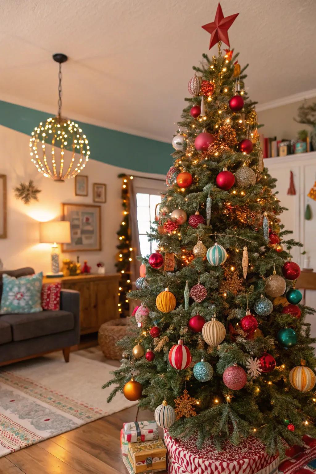 An eclectic Christmas tree displaying a unique mix of styles and colors.