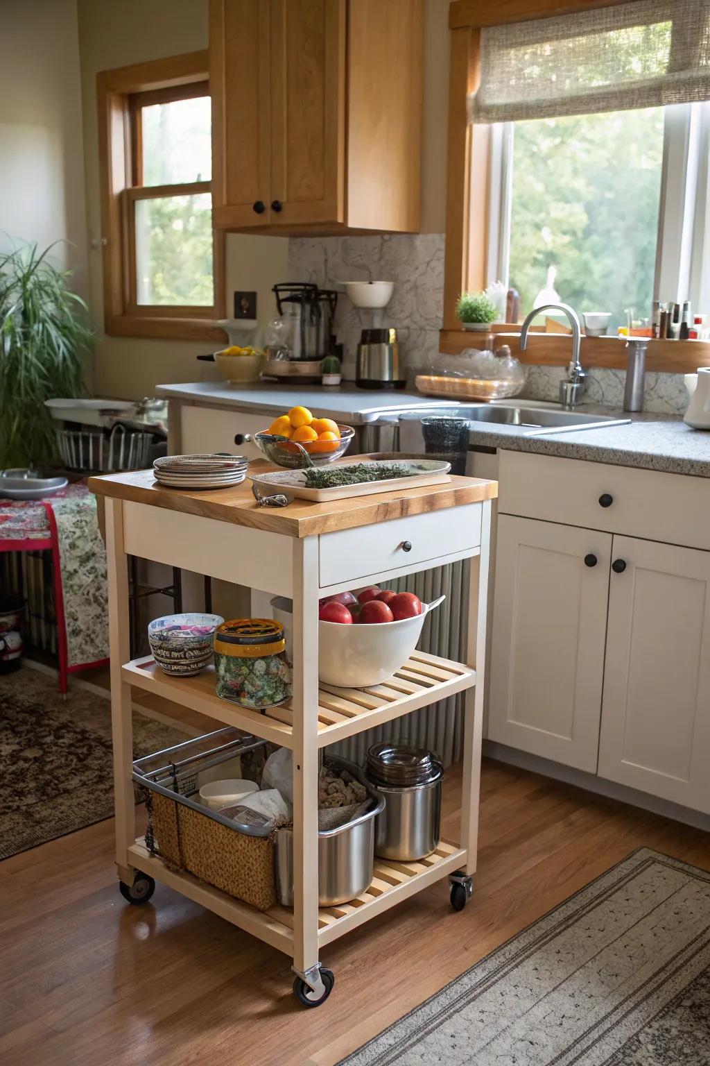 A rolling cart adds flexibility and functionality to your kitchen.