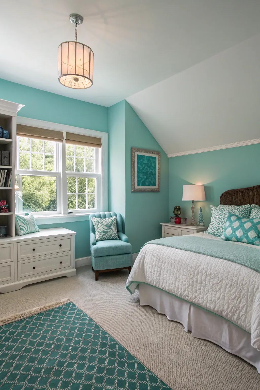 Different aqua shades create distinct zones in the bedroom.