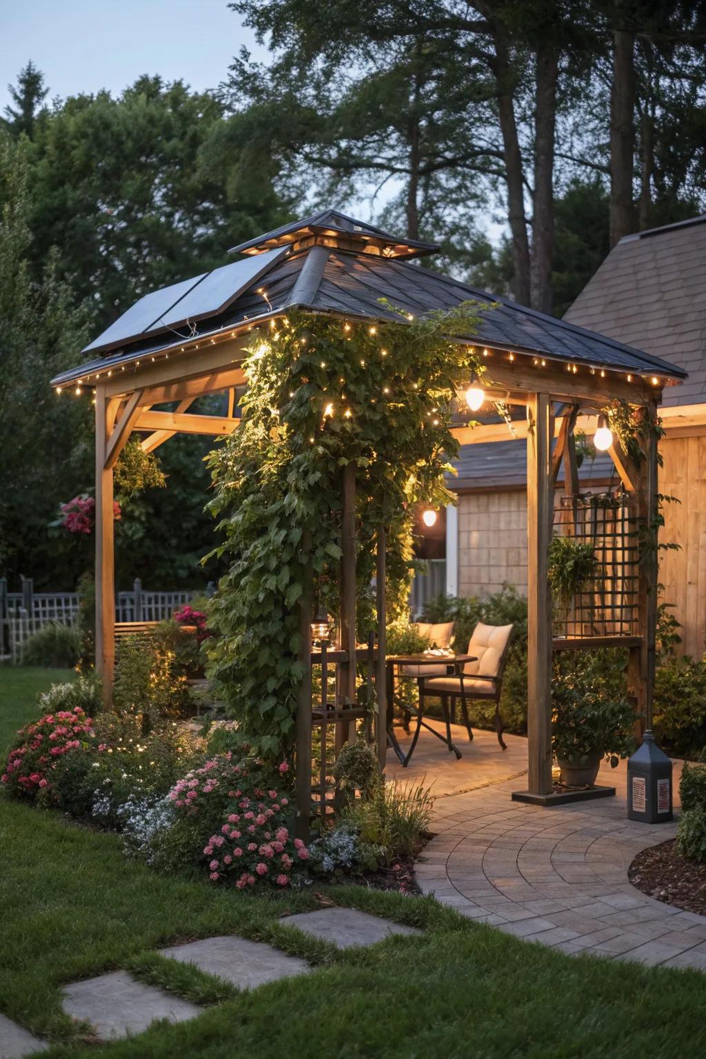 A modern PowerGazebo with an arbor, ideal for evening events.