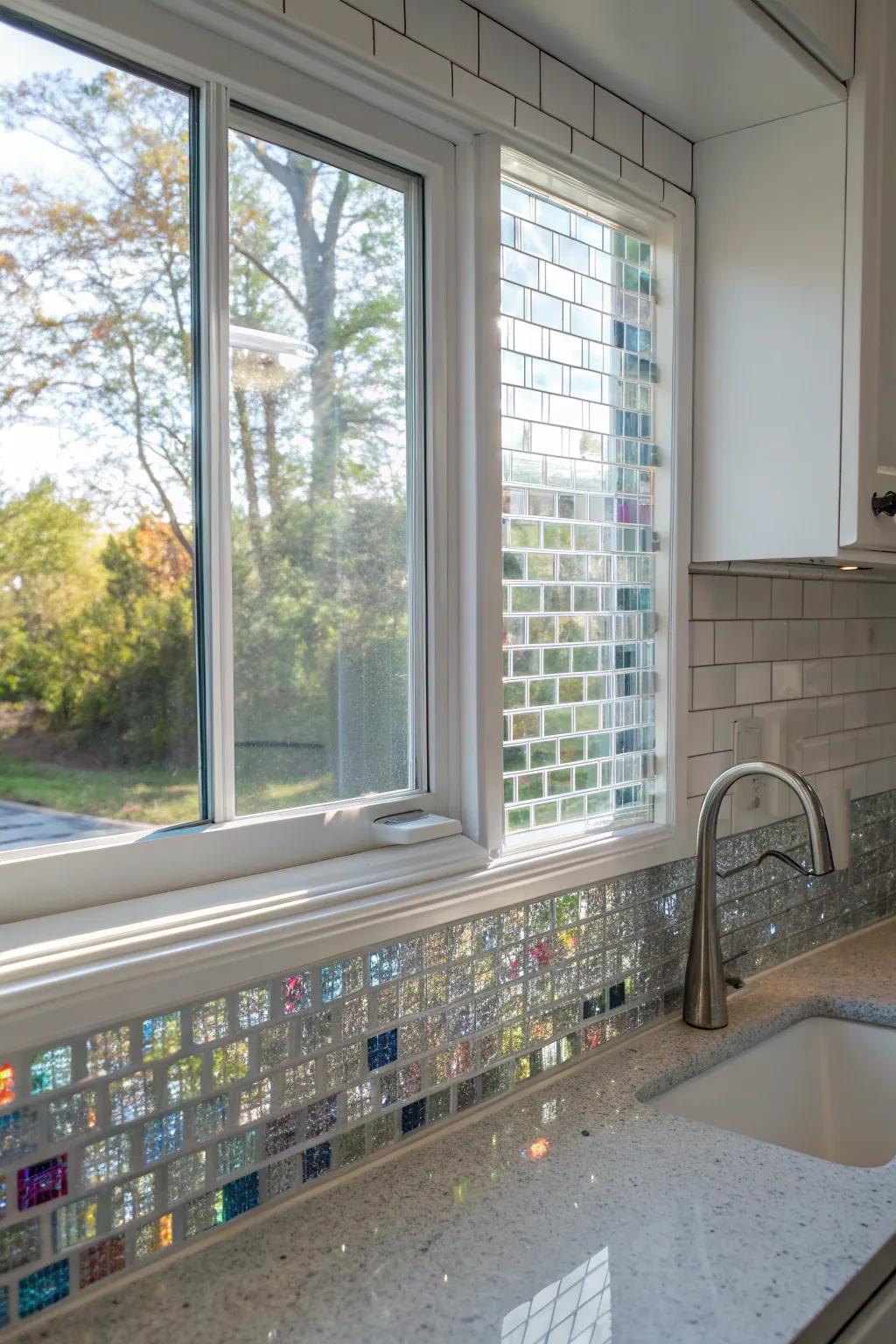 Recycled glass tiles providing an eco-friendly sparkle around a kitchen window.