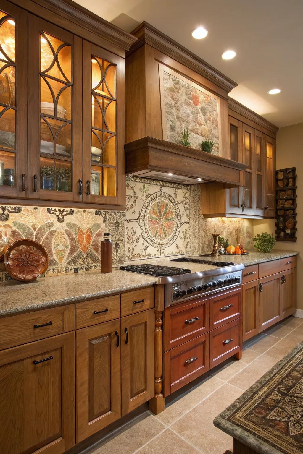 An artistic tile design turns the kitchen into a creative space.